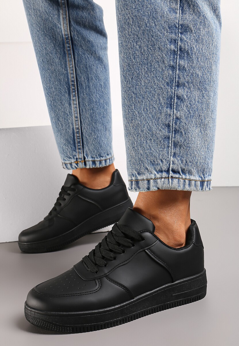 Czarne Sneakersy ze Ekoskóry ze Sznurowaniem i Przeszyciami Borsana