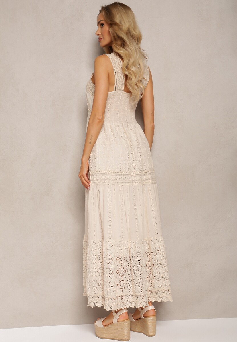 Beżowa Rozkloszowana Sukienka z Koronki z Trójkątnym Dekoltem i Falbanką Piolena