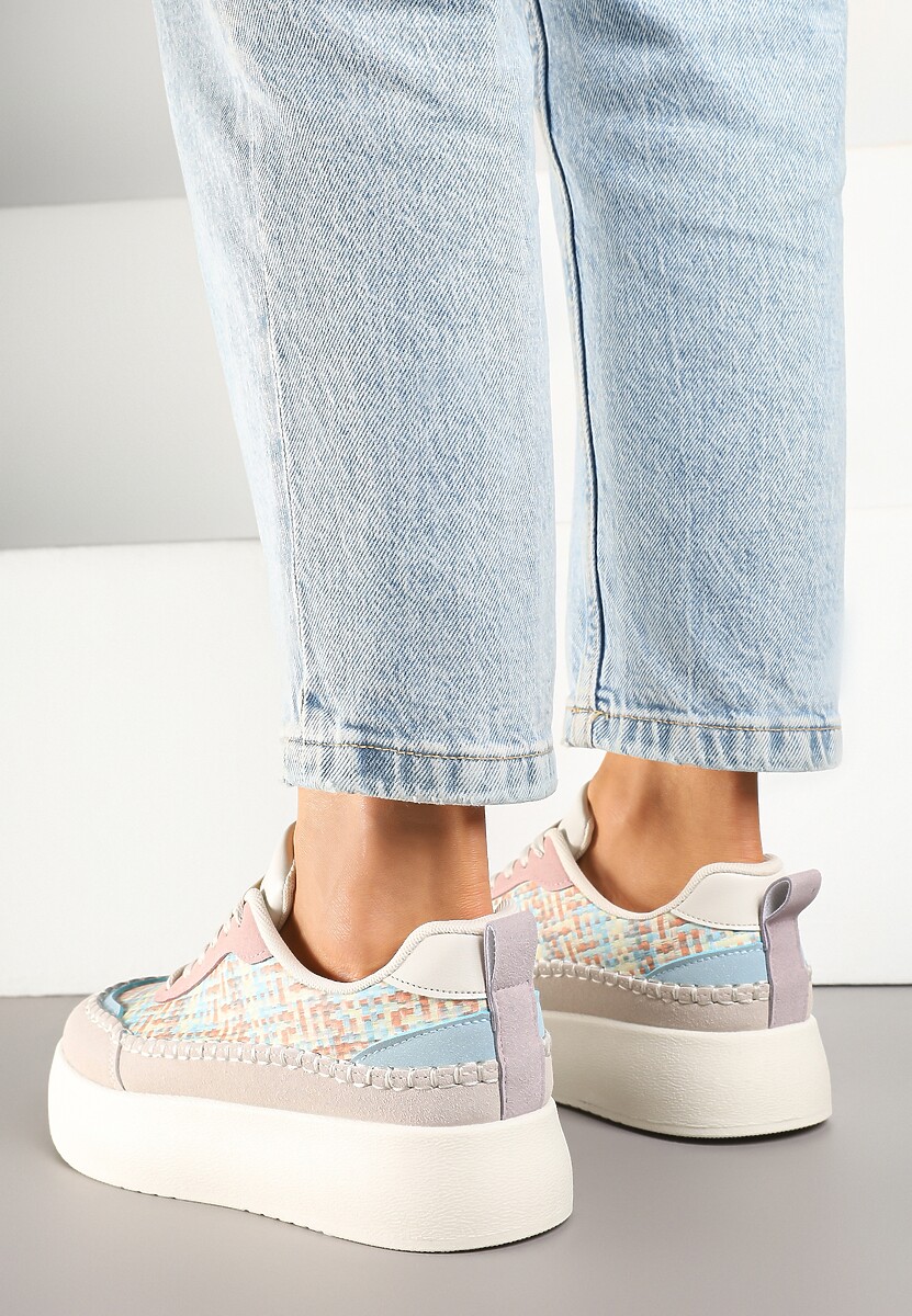 Beżowo-Różowe Sneakersy na Platformie Ozdobione Plecionką Nilaraviela