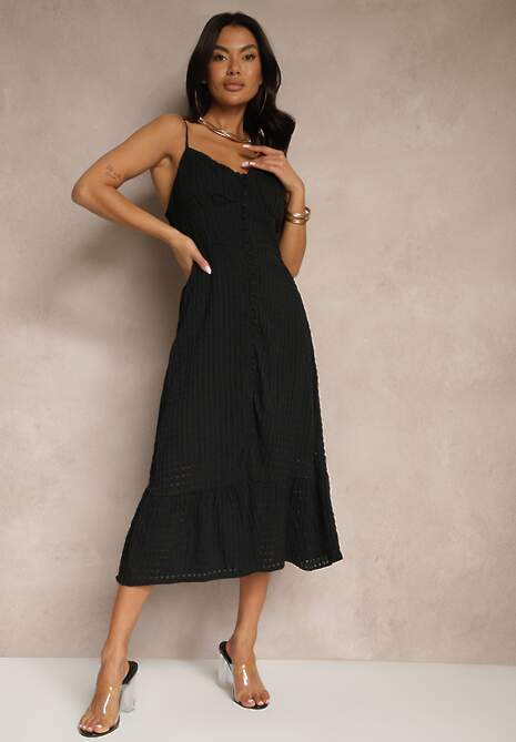 Czarna Rozkloszowana Sukienka z Wiskozą na Cienkich Ramiączkach z Guzikami Efrisela