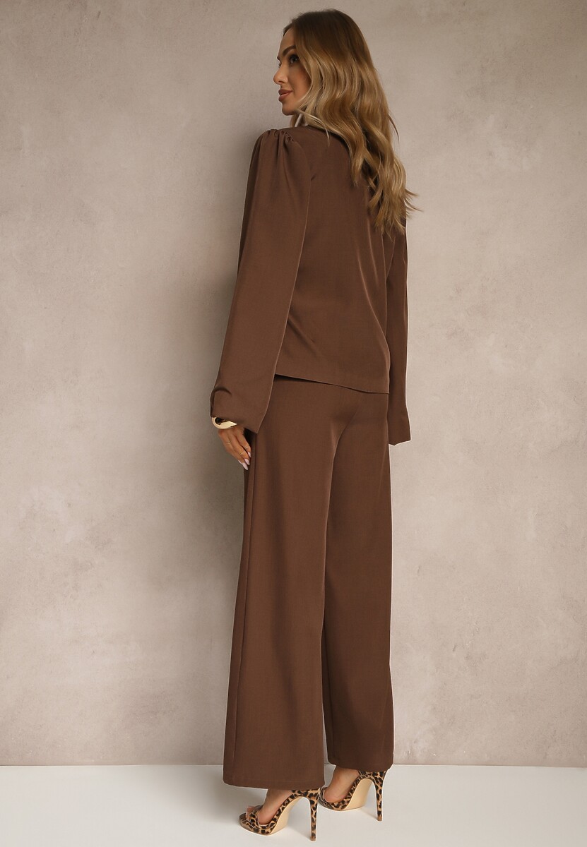 Brązowa Marynarka z Rozszerzanymi Rękawami Zdobiona Wiązaniem z Boku Sanivera