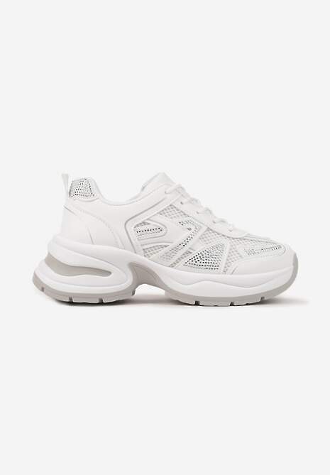 Białe Sneakersy Zdobione Cyrkoniami na Podeszwie z Tłoczeniami Raviora