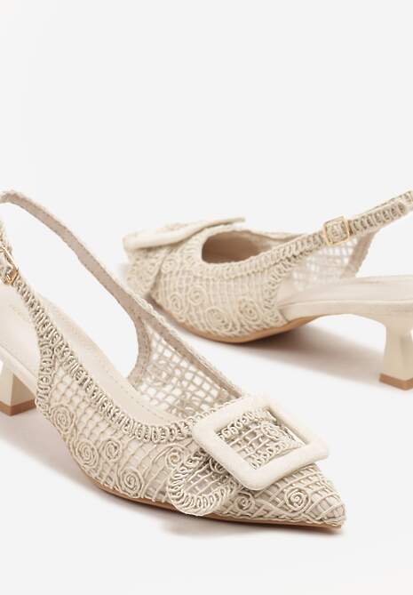 Beżowe Sandały na Kaczuszce Typu Slingback Ozdobione Plecionką i Klamrą Elivrella