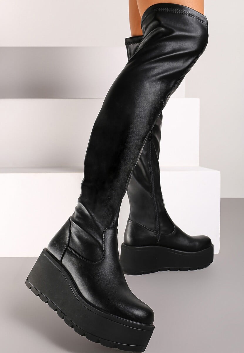 Czarne Casualowe Kozaki na Platformie i Koturnie z Ekoskóry z Dopasowaną Cholewką Erissia