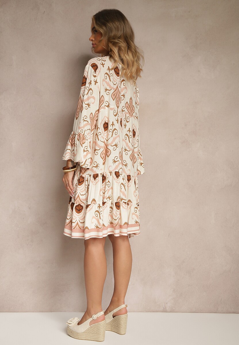 Jasnobeżowa Rozkloszowana Sukienka z Wiskozy Zdobiona Etnicznym Printem Pasiretia