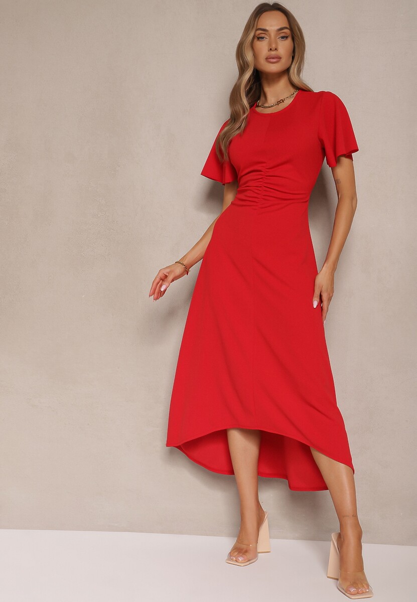 Beżowa Sukienka o Rozkloszowanym Kroju z Marszczeniem Odarene