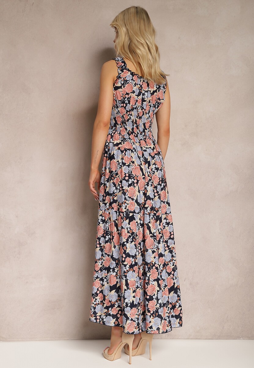 Granatowo-Różowa Kwiecista Sukienka Rozkloszowana z Bawełny na Ramiączkach Kalassia