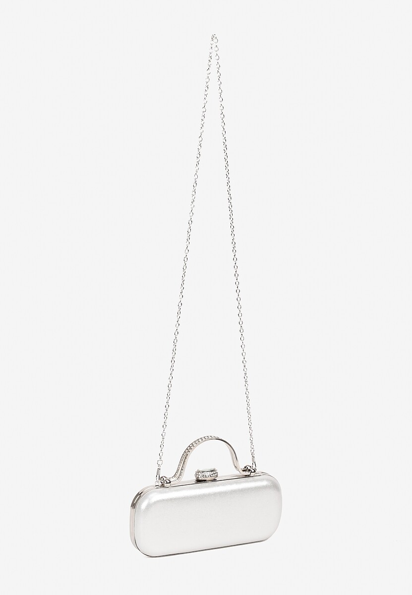 Srebrna Torebka Koktajlowa Zapinana na Zatrzask z Łańcuszkiem i Rączką Ozdobiona Cyrkoniami Carsea