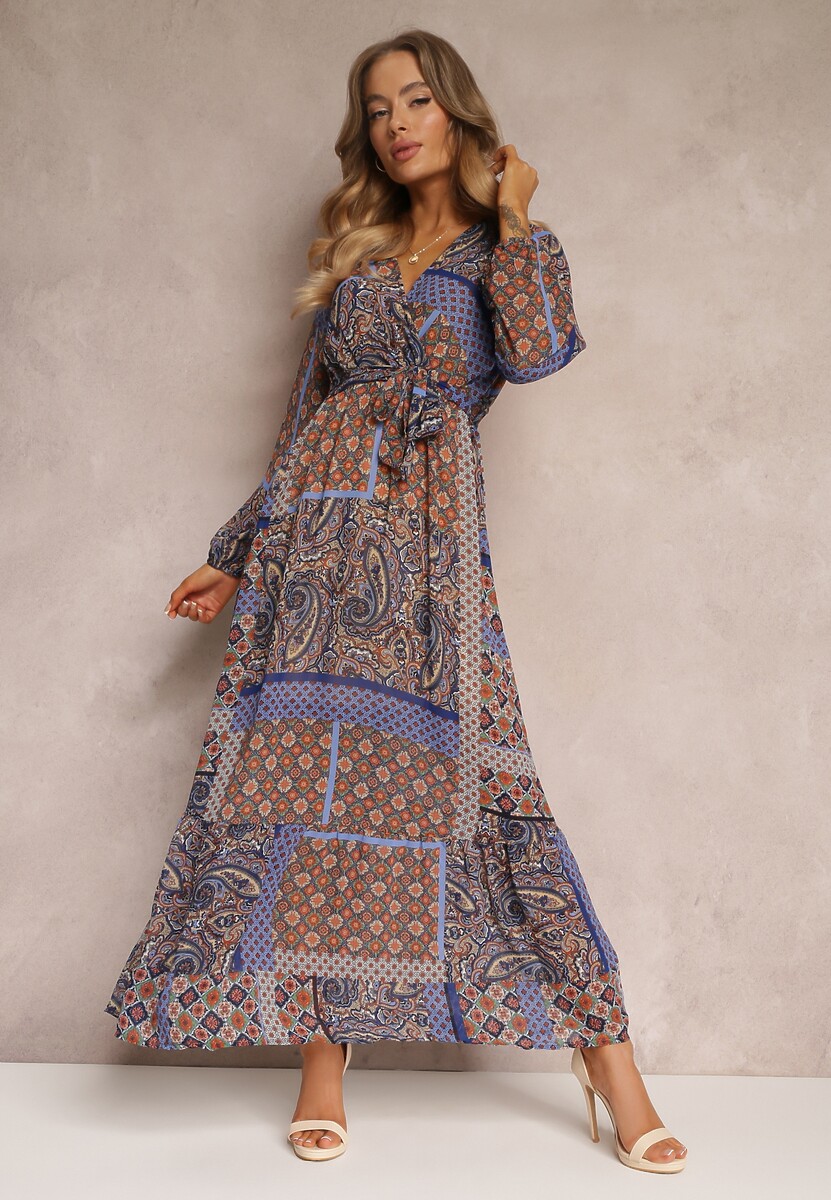 Niebiesko-Brązowa Sukienka Rozkloszowana w Patchworkowy Wzór Balmi