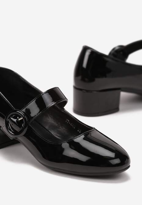 Czarne Czółenka na Słupku z Paskiem i Klamerką Sisilsha