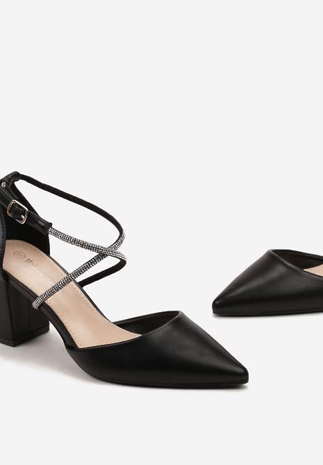 Czarne Czółenka z Paseczkami z Cyrkoniami na Niewysokim Słupku Rianlle