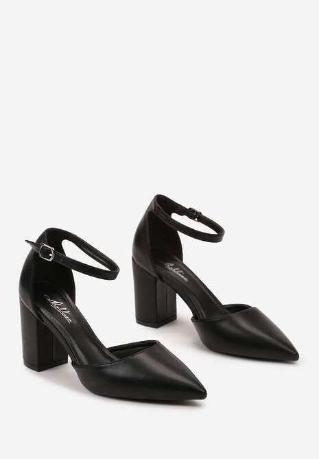 Czarne Czółenka na Wysokim Słupku Zapinane Przy Kostce ze Szpiczastym Noskiem Ardora