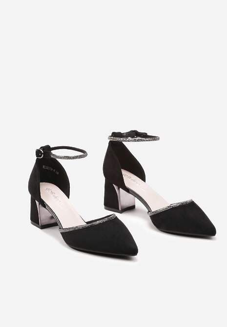 Czarne Czółenka na Słupku z Cyrkoniami i Sprzączką Arilda