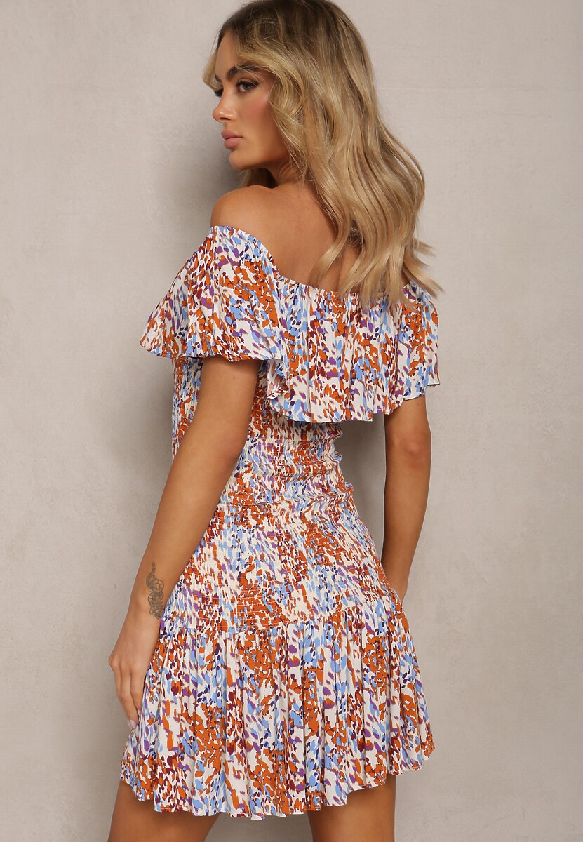 Brązowa Krótka Sukienka z Hiszpańskim Dekoltem z Elastycznej Wiskozy Celestine