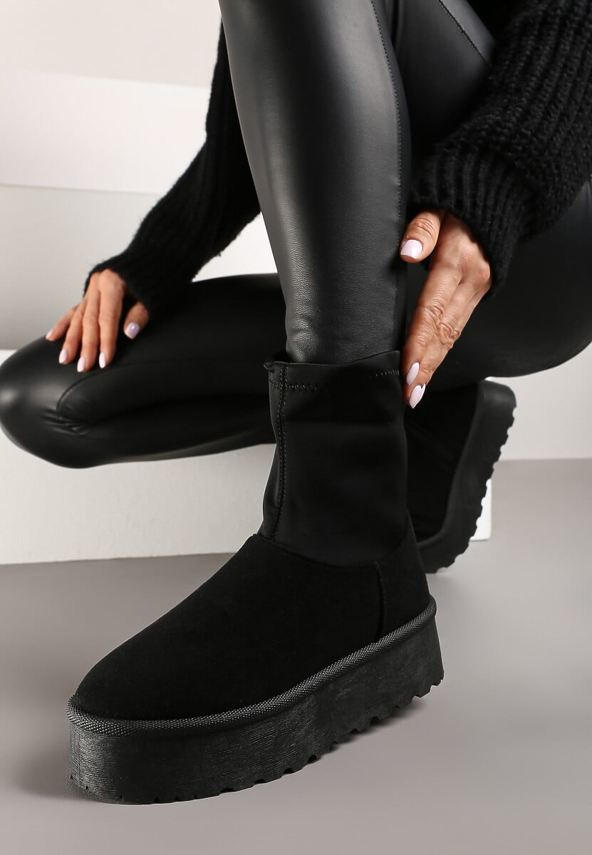 Czarne Śniegowce na Platformie z Elastyczną Cholewką Linnastra