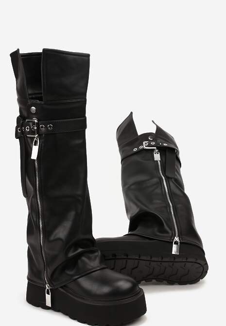 Czarne Kozaki w Stylu Grunge na Grubej Podeszwie z Wywijaną Cholewką Olentie