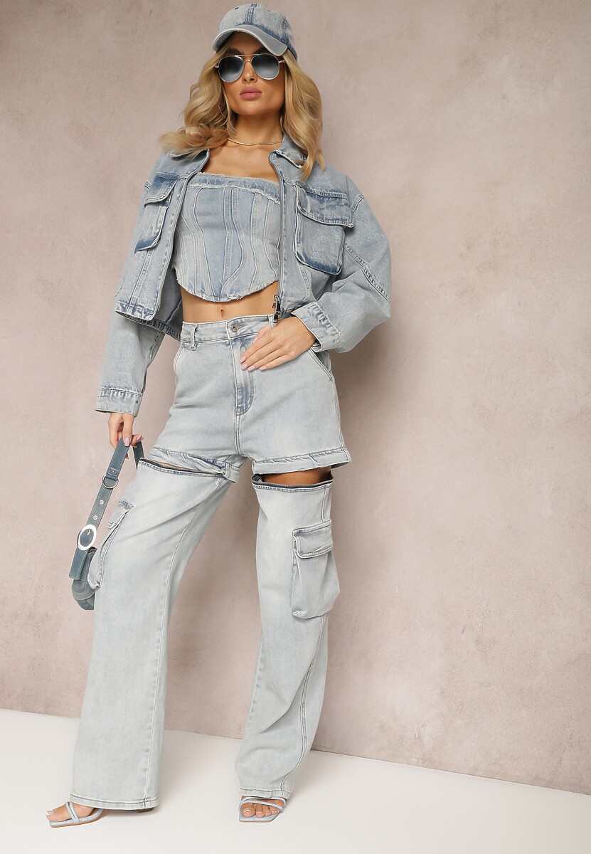 Jasnoniebieskie 2w1 Bawełniane Szorty Jeansy High Waist z Szerokimi Odpinanymi Nogawkami Sadiara