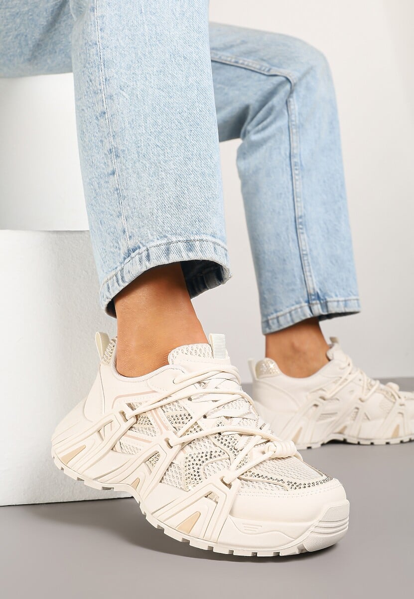 Beżowe Sneakersy na Platformie z Cyrkoniami i Geometrycznym Wzorem Lavivione