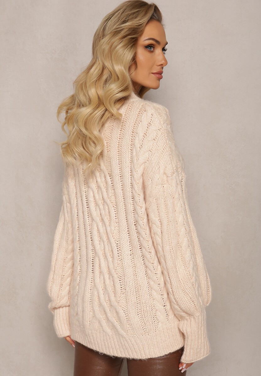 Beżowy Luźny Golf w Ozdobny Splot Atterta