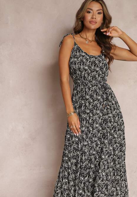 Czarna Sukienka Maxi Wiązana na Ramionach z Rozkloszowanym Dołem Matiltta