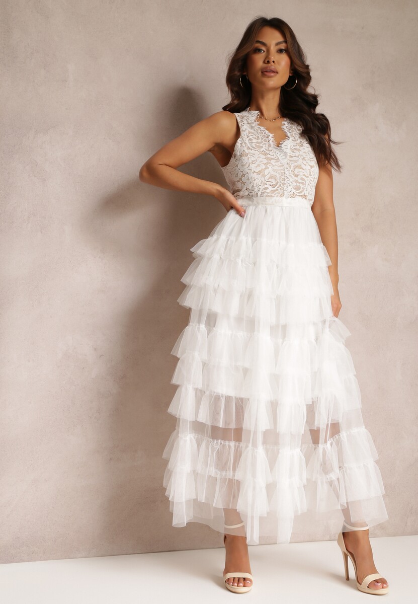 Biała Sukienka Koktajlowa z Koronkową Górą i Rozkloszowanym Tiulowym Dołem Venisa