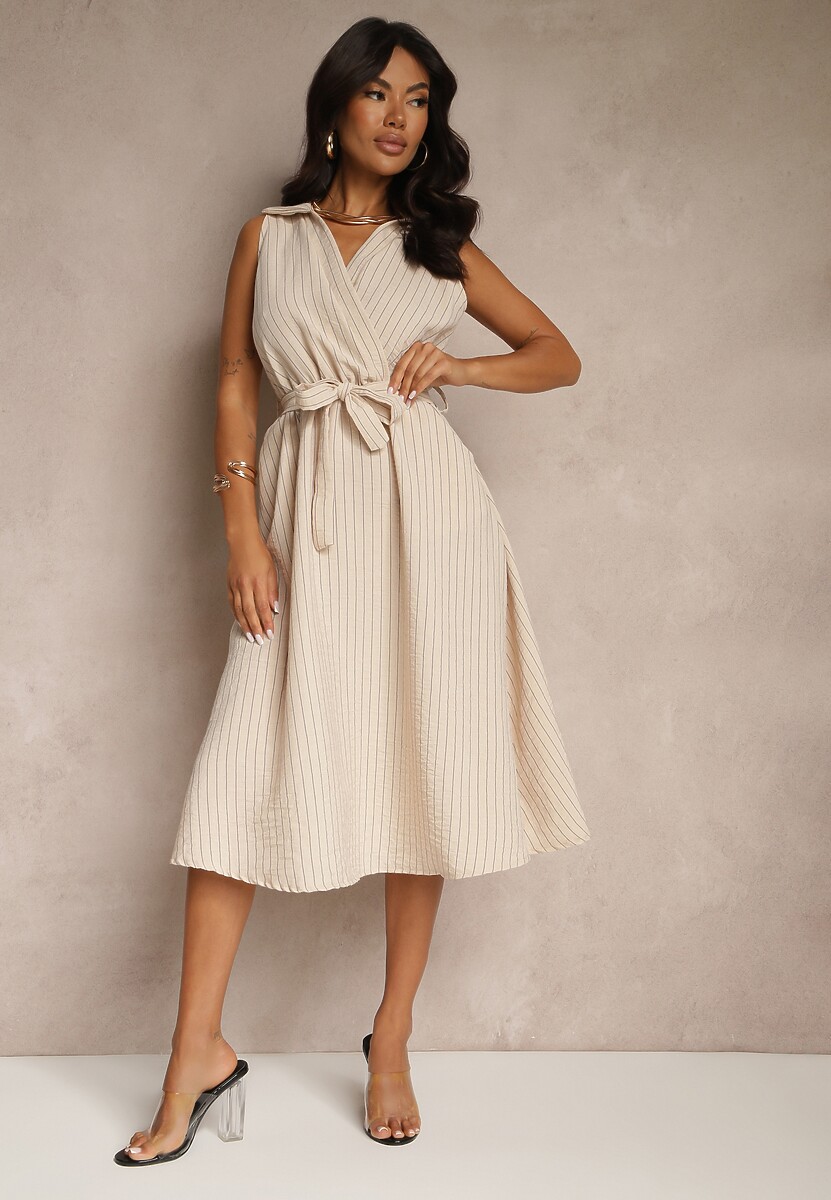 Beżowa Koszulowa Sukienka Bez Rękawów z Wiązanym Paskiem Lideene