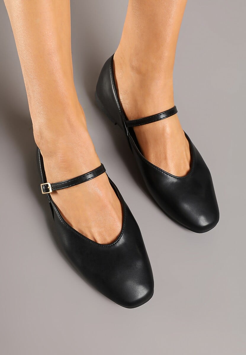 Czarne Balerinki Vices z Paseczkiem ze Sprzączką i Ozdobnym Przeszyciem Desorila