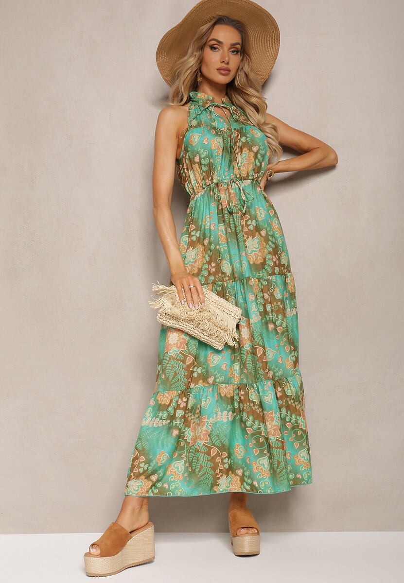 Zielona Sukienka w Stylu Boho z Gumką w Talii i Ozdobnym Wiązaniem Piofara