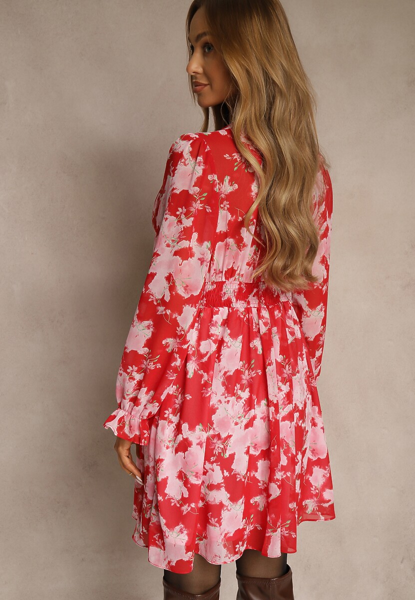 Czerwona Rozkloszowana Sukienka w Print Florystyczny Awerdia
