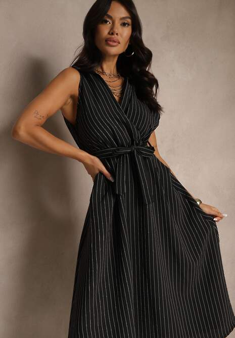 Czarna Koszulowa Sukienka Bez Rękawów z Wiązanym Paskiem Lideene