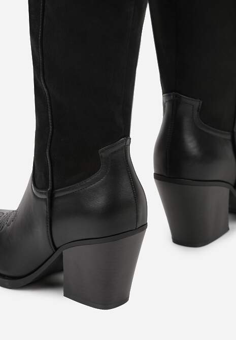 Czarne Kozaki Kowbojki z Łączonych Materiałów na Stożkowym Obcasie Avalerie