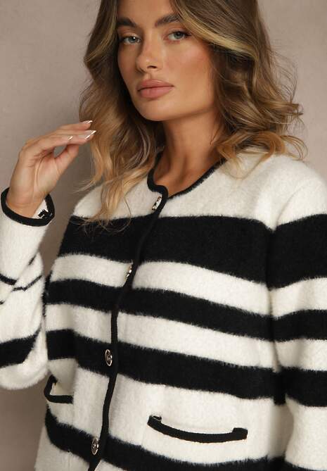 Biało-Czarny Zapinany Kardigan z Wiskozowej Dzianiny w Paski Aiwana