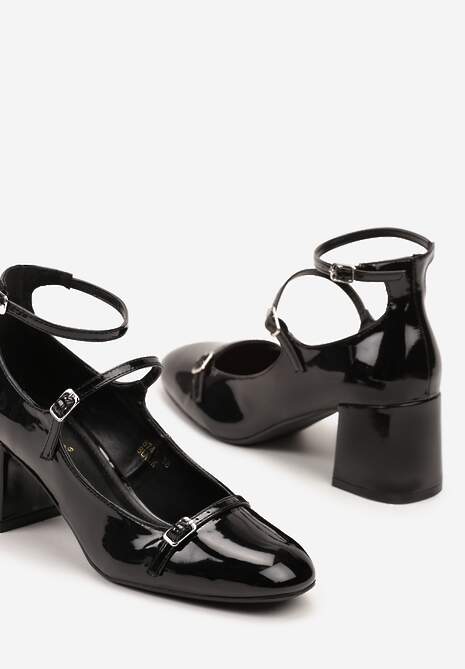 Czarne Lakierowane Czółenka na Słupku Ozdobione Paskami ze Sprzączkami Dlivina