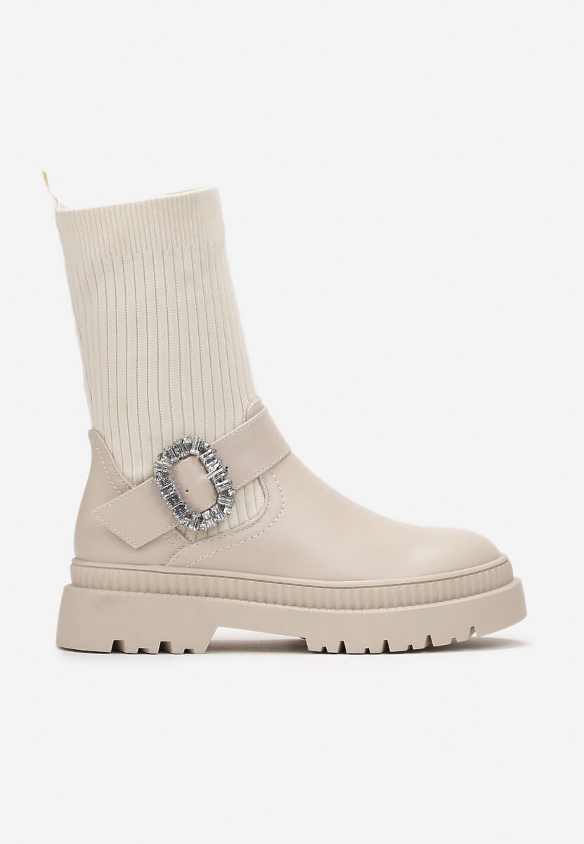Beżowe Botki Workery z Dzianinową Elastyczną Cholewką i Biżuteryjną Klamrą Nalipno