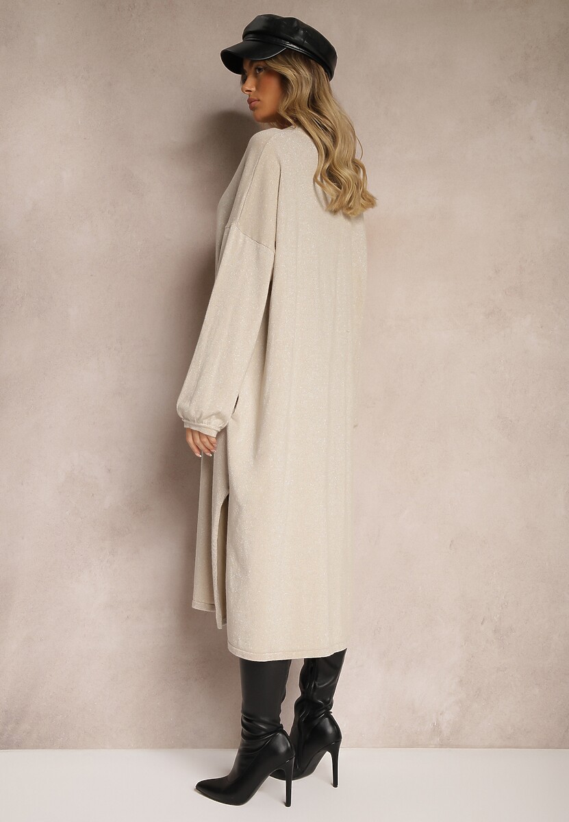 Beżowa Sukienka z Dodatkiem Wiskozy o Pudełkowym Kroju z Metaliczną Nicią Arkiria