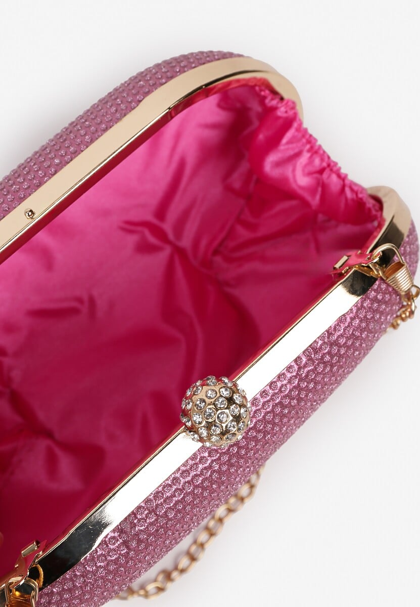 Różowa  Cyrkoniowa Torebka Kopertówka z Jedną Komorą z Łańcuszkiem Ostama