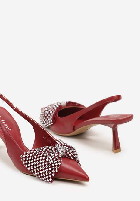 Bordowo-Czerwone Sandały na Szpilce Kaczuszce Wykończone Kokardą i Cyrkoniami Elitara