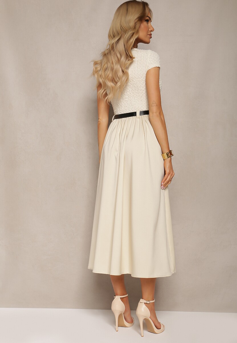 Beżowa Sukienka o Rozkloszowanym Kroju z Krótkim Rękawem i Paskiem z Ekoskóry Frinna