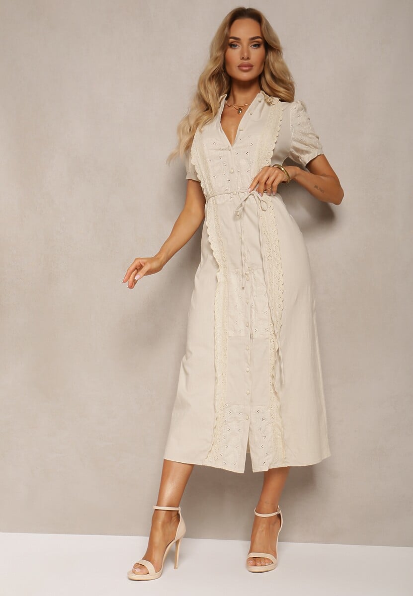 Jasnobeżowa Bawełniana Sukienka z Paskiem Ozdobiona Koronką Virona