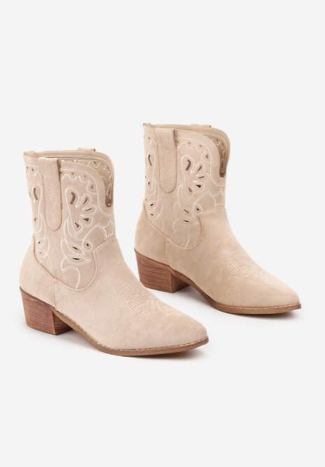 Ciemnobeżowe Botki Kowbojki Vices na Słupku Ozdobione Haftem Nelithen