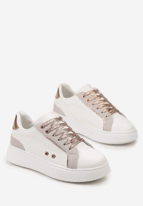 Biało-Złote Sneakersy z Metalicznymi Wstawkami na Grubej Podeszwie Amoone