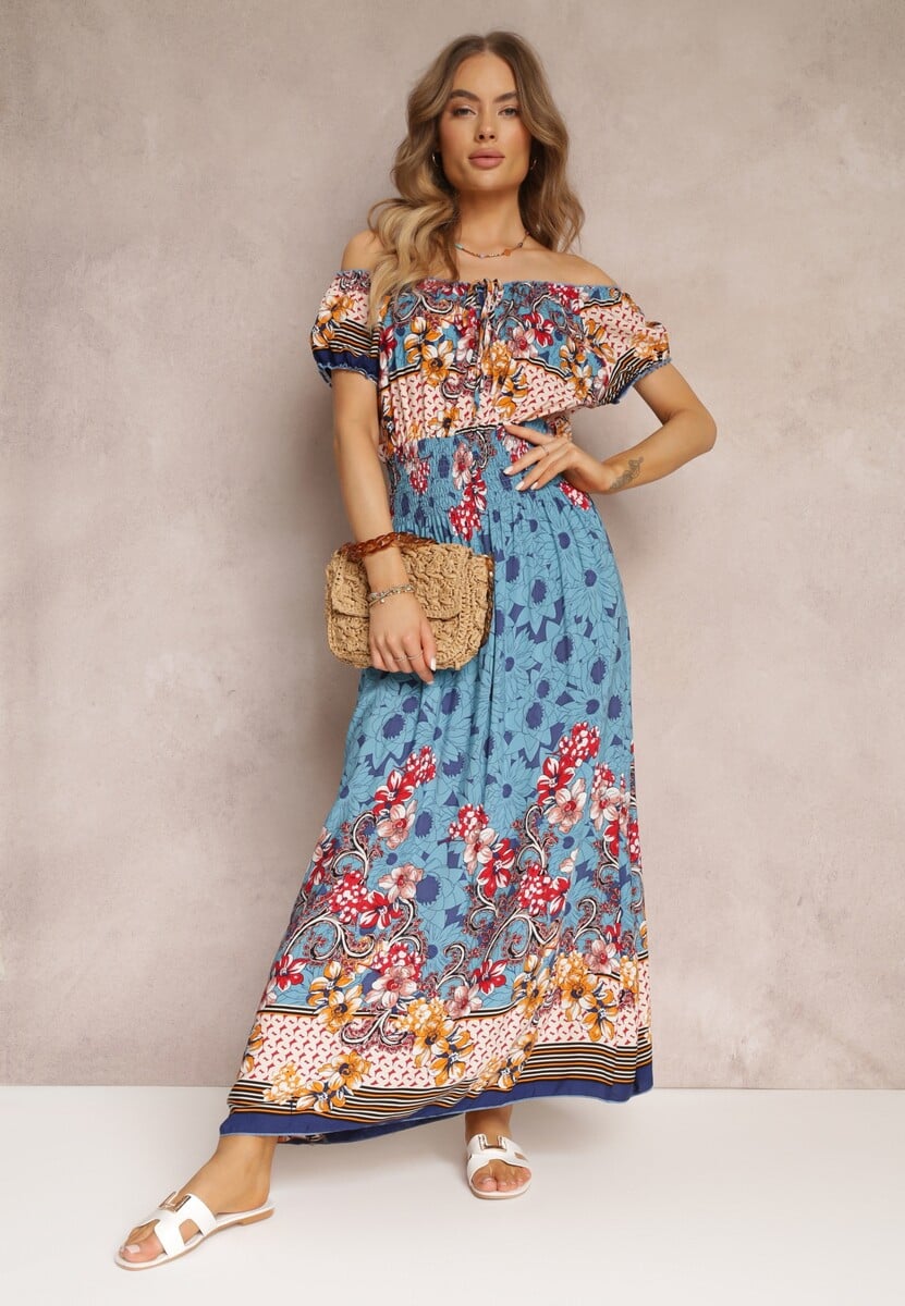 Niebieska Bawełniana Sukienka z Gumkami w Pasie i Hiszpańskim Dekoltem Laenianna