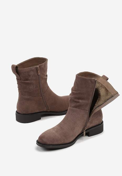Ciemnobeżowe Botki z Marszczoną Cholewką do Kostki Ilomira