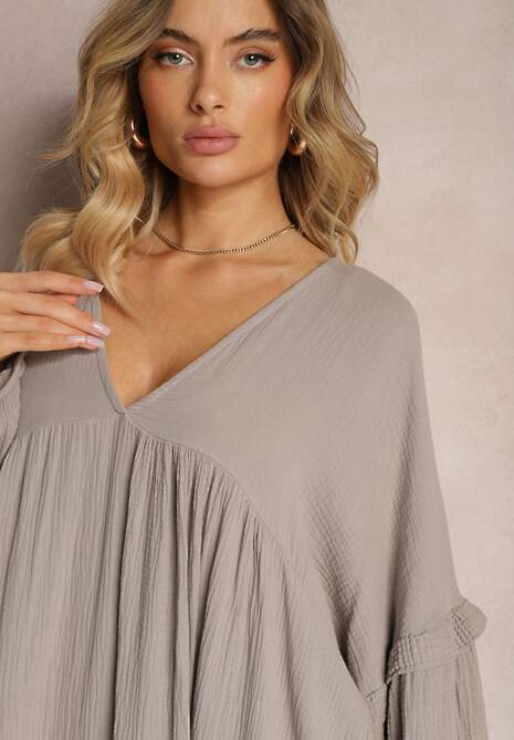 Ciemnobeżowa Muślinowa Trapezowa Sukienka z Bawełny Wykończona Falbaną i Ozdobnymi Rękawami Tanisea