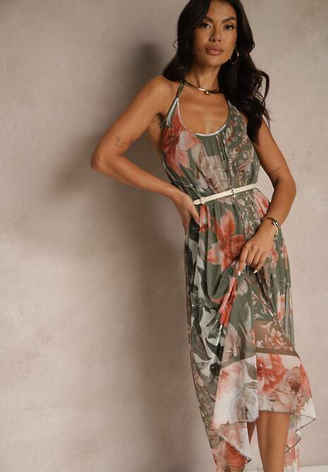 Ciemnozielona Kwiatowa Sukienka Siateczkowa z Wiskozą Izurelia