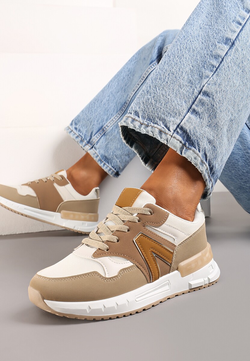 Ciemnobeżowe Płaskie Sneakersy przed Kostkę z Ekozamszu ze Sznurowaniami Jrines