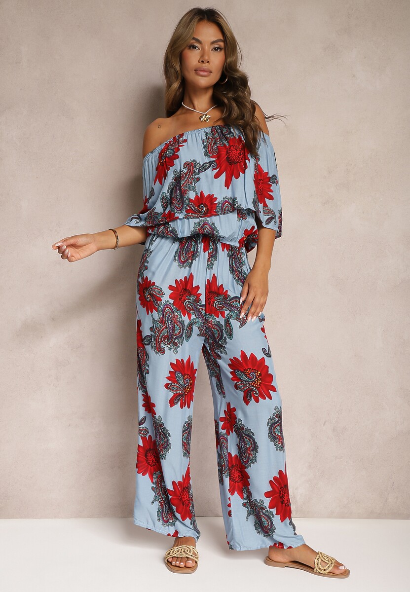 Niebiesko-Czerwony Wiskozowy Taliowany Kombinezon Ozdobiony Kwiecistym Wzorem Nelanora