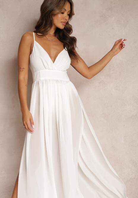 Biała Rozkloszowana Sukienka Maxi z Gumką w Pasie i Majtkami Medane