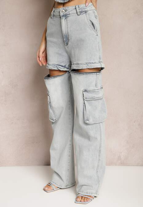 Jasnoniebieskie 2w1 Bawełniane Szorty Jeansy High Waist z Szerokimi Odpinanymi Nogawkami Sadiara