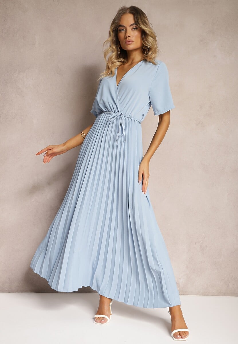 Niebieska Rozkloszowana Sukienka Plisowana z Wiązanym Paskiem Eilemona